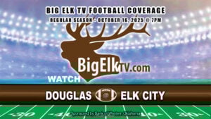 Douglas at Elk City football game graphic scheduled for October 16, 2025, 7 PM, live on BigElkTV.com.