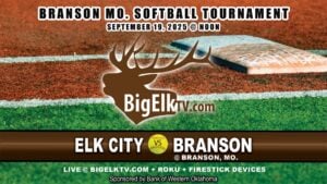 Big Elk TV softball coverage graphic for the Branson, Missouri Softball Tournament on September 19, 2025, featuring Elk City vs Branson at noon.
